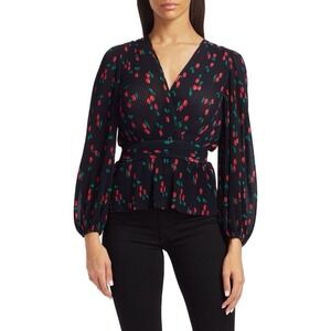 The Kooples Pleated Cherry Print Blouse M /2 Long Sleeve Crepe Top Retro Novelty